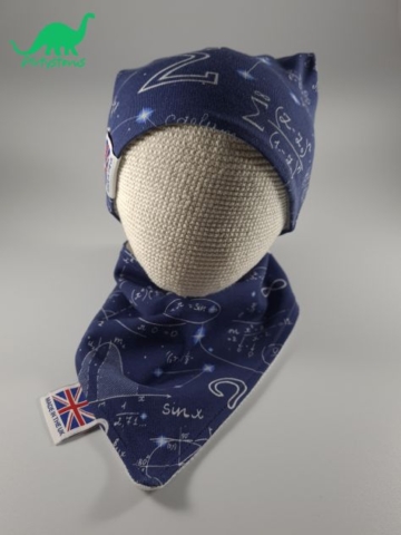Blue Space Maths fabric slouch beanie hat and bib on crocheted baby head