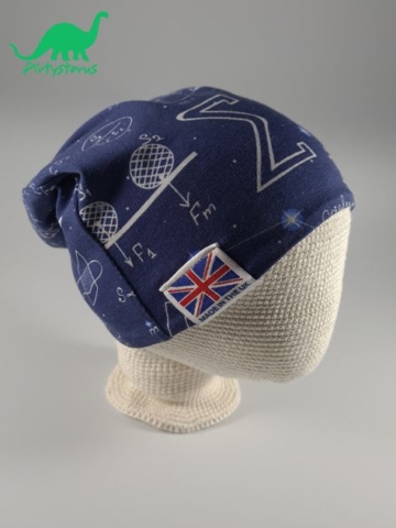 Blue Space Maths fabric slouch beanie hat on crocheted baby head