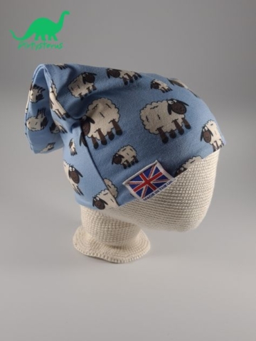 Light blue sheep fabric slouch beanie hat on crocheted baby head
