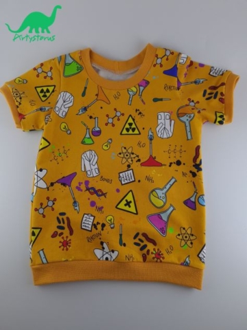 Orange child's t-shirt in organic cotton chemistry print fabric